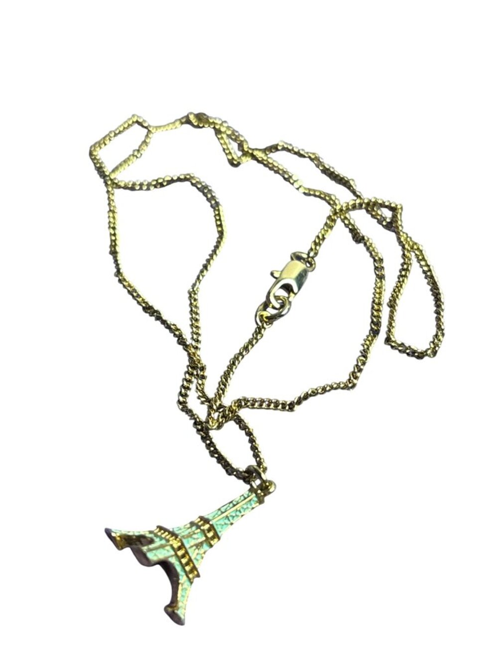 Eiffel Tower Pendant Necklace Goldtone Green Enamel 21 inch Long 1 inch Pendant